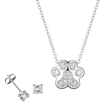 Classic Treasures Sterling Silver Cubic Zirconia Dog Paw Pendant Necklace & Stud Earrings Set
