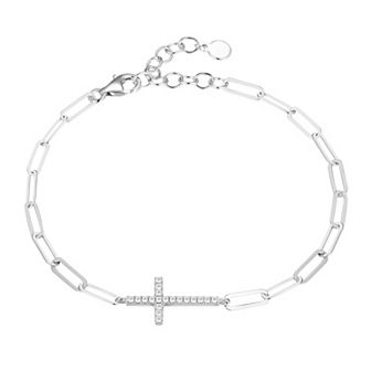 Classic Treasures Sterling Silver Cubic Zirconia Paper Clip Chain Cross Bracelet