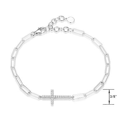 Sterling Silver Cubic Zirconia Paper Clip Chain Cross Bracelet