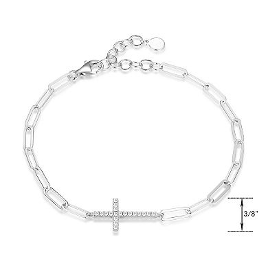 Classic Treasures Sterling Silver Cubic Zirconia Paper Clip Chain Cross Bracelet