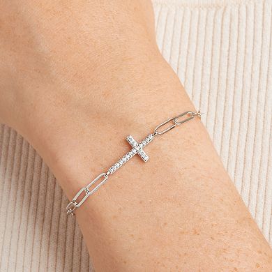Classic Treasures Sterling Silver Cubic Zirconia Paper Clip Chain Cross Bracelet