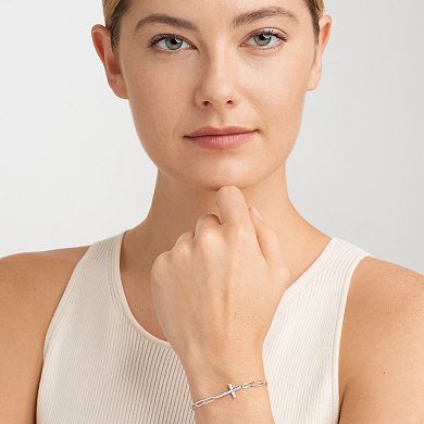 Classic Treasures Sterling Silver Cubic Zirconia Paper Clip Chain Cross Bracelet