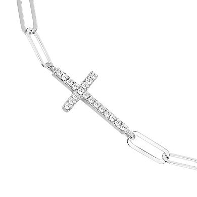 Classic Treasures Sterling Silver Cubic Zirconia Paper Clip Chain Cross Bracelet