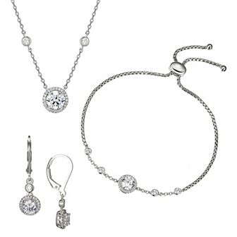 Classic Treasures Sterling Silver Cubic Zirconia Halo Bracelet, Necklace & Earrings Set