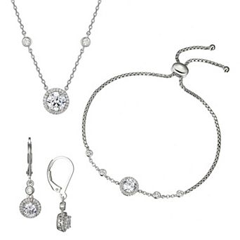 Classic Treasures Sterling Silver Cubic Zirconia Halo Bracelet, Necklace & Earrings Set