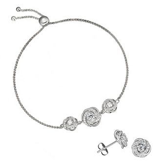 Classic Treasures Sterling Silver Cubic Zirconia Love Knot Stud Earrings & Adjustable Bracelet Set