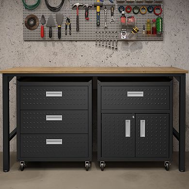MANHATTAN COMFORT 3-Piece Fortress Mobile Garage Cabinet & Worktable Set