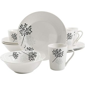 Gibson Netherwood 12 pc Round Glaze Dinnerware Plates, Bowls, and Mugs, White