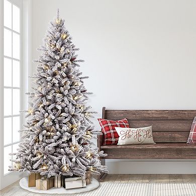 PULEO INTERNATIONAL 7-ft. Pre-Lit Flocked ‎Bennington Fir Artificial Christmas Tree