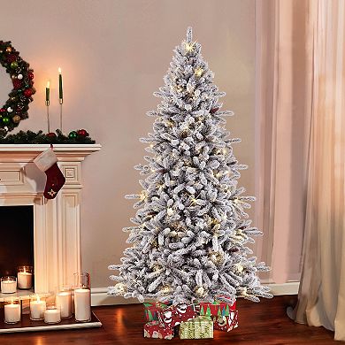 PULEO INTERNATIONAL 7-ft. Pre-Lit Flocked ‎Bennington Fir Artificial Christmas Tree