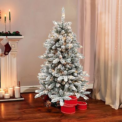 PULEO INTERNATIONAL 4-ft. Pre-Lit Flocked ‎Bennington Fir Artificial Christmas Tree