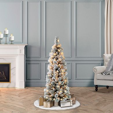 PULEO INTERNATIONAL 4.5-ft. Pre-Lit Flocked Portland Pine Pencil Artificial Christmas Tree