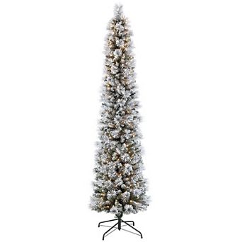PULEO INTERNATIONAL 9-ft. Pre-Lit Flocked Portland Pine Pencil Artificial Christmas Tree