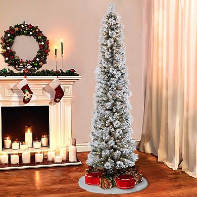 PULEO INTERNATIONAL 9-ft. Pre-Lit Flocked Portland Pine Pencil Artificial Christmas Tree