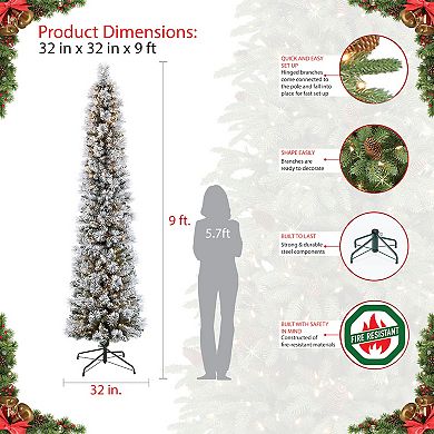 Puleo International 9-ft. Pre-Lit Flocked Portland Pine Pencil Artificial Christmas Tree