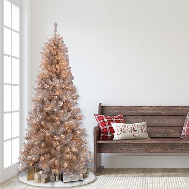 PULEO INTERNATIONAL 6.5-ft. Pre-Lit Rose Gold Tinsel Artificial Christmas Tree