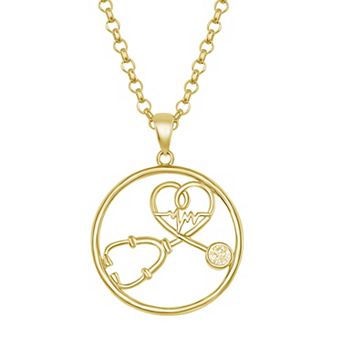 Argento Bella Sterling Silver Cubic Zirconia Stethoscope & Heartbeat Necklace