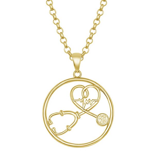 Sterling Silver Cubic Zirconia Stethoscope Heartbeat Necklace