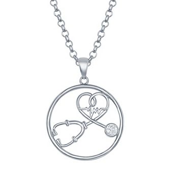Argento Bella Sterling Silver Cubic Zirconia Stethoscope & Heartbeat Necklace