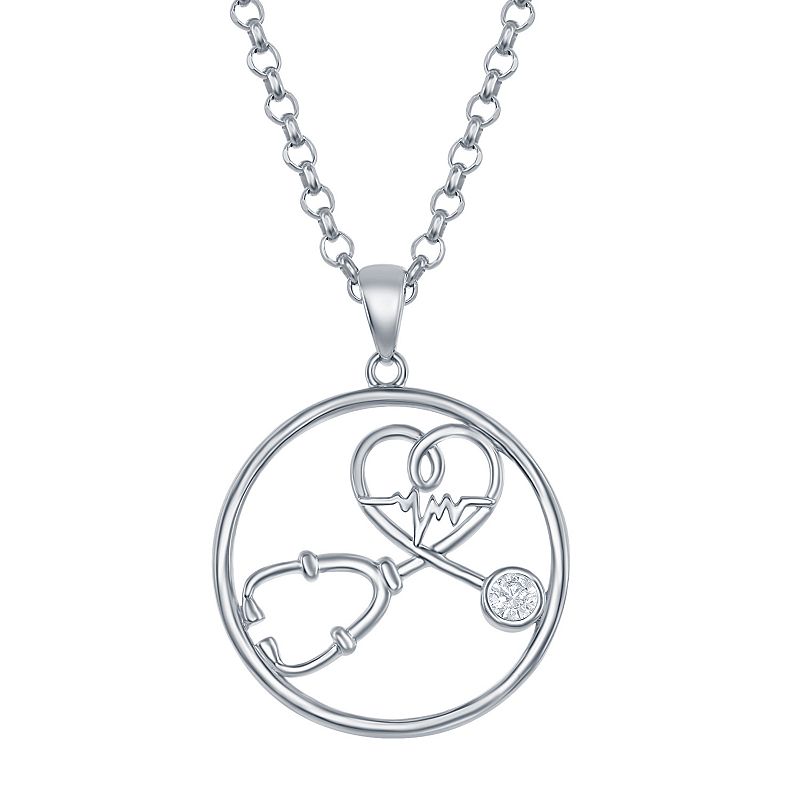 Sterling Silver Cubic Zirconia Stethoscope & Heartbeat Necklace, Womens, 