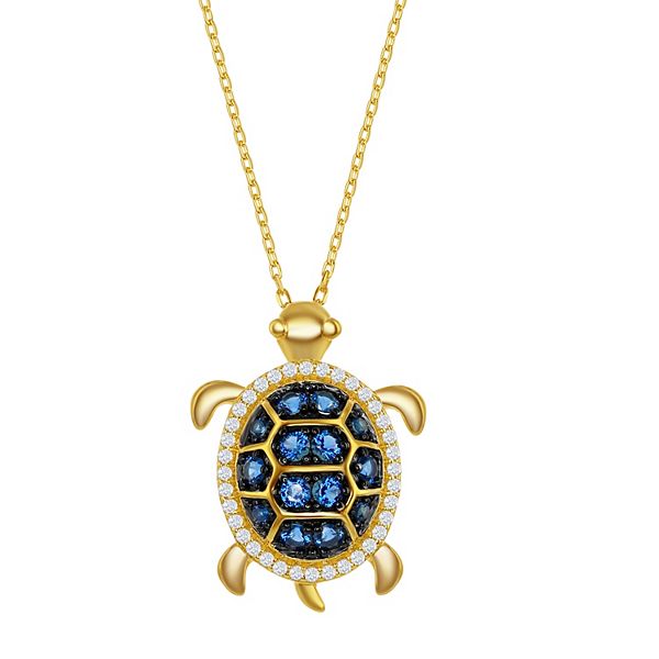 14k Gold Over Silver Blue & White Cubic Zirconia Turtle Necklace