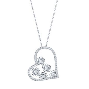 Argento Bella Sterling Silver Cubic Zirconia Heart & Flowers Necklace