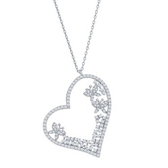 Argento Bella Sterling Silver Cubic Zirconia Heart & Butterflies Necklace