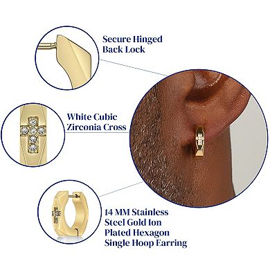 Men's LYNX Cubic Zirconia Cross Stainless Steel Hoop Earring