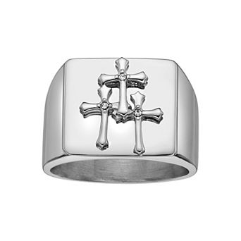 Men's LYNX Stainless Steel Cross and Crystal Accent Ring