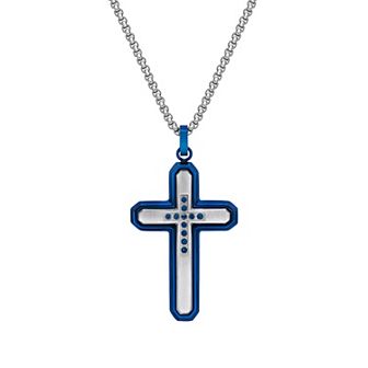 Men's LYNX Blue Stainless Steel Cubic Zirconia Cross Pendant Necklace