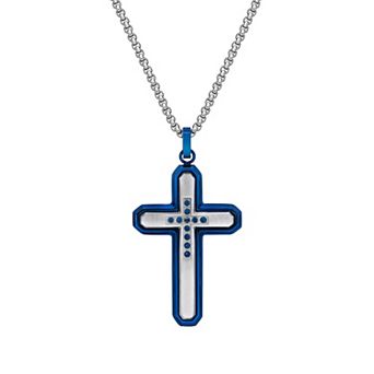 Men's LYNX Blue Stainless Steel Cubic Zirconia Cross Pendant Necklace