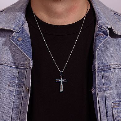 Men's LYNX Blue Stainless Steel Cubic Zirconia Cross Pendant Necklace