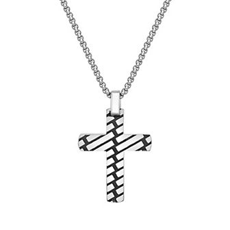 LYNX Stainless Steel Black Ion-Plated 24" Cross Pendant Men's Necklace