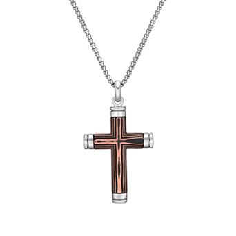 LYNX Stainless Steel Carbon Fiber & Copper Foil Black Ion-Plated Cross Pendant Men's Necklace