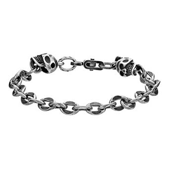 LYNX Stainless Steel 7mm Antique Finish Skull 9" Men's Chain Bracelet