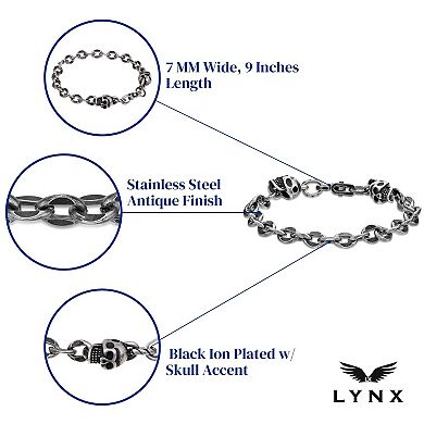 LYNX Stainless Steel 7mm Antique Finish Skull 9" Men's Chain Bracelet