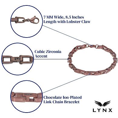 LYNX Stainless Steel Link Brown Ion-Plated & Black Cubic Zirconia Men's Bracelet
