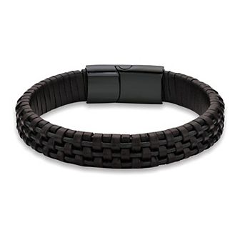 LYNX Stainless Steel & Leather Blue Wire Black Ion-Plated Men's Bracelet