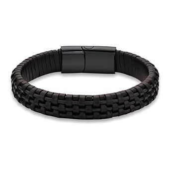 LYNX Stainless Steel & Leather Blue Wire Black Ion-Plated Men's Bracelet