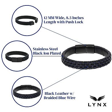 LYNX Stainless Steel & Leather Blue Wire Black Ion-Plated Men's Bracelet