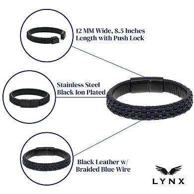 LYNX Stainless Steel & Leather Blue Wire Black Ion-Plated Men's Bracelet