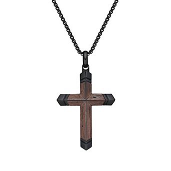 LYNX Stainless Steel Carbon Fiber & Copper Foil Cross Pendant Black Ion-Plated Men's Necklace