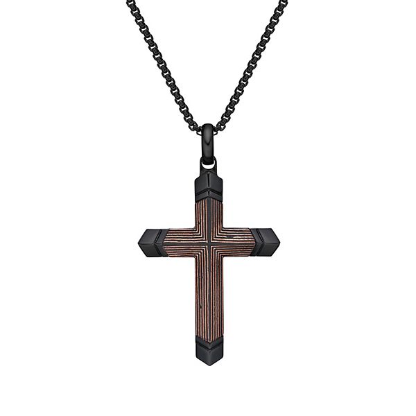 LYNX Stainless Steel Carbon Fiber & Copper Foil Cross Pendant Black  Ion-Plated Men's Necklace