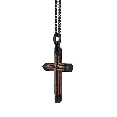LYNX Stainless Steel Carbon Fiber & Copper Foil Cross Pendant Black Ion-Plated Men's Necklace