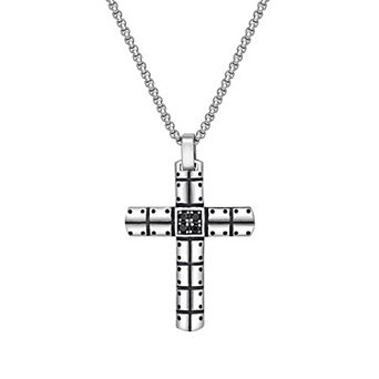 LYNX Stainless Steel Cross Pendant Cubic Zirconia Black Ion-Plated 24" Men's Necklace
