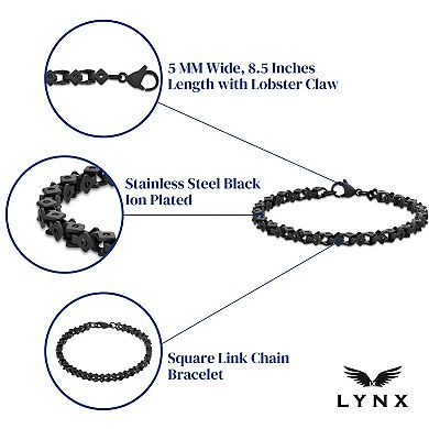 LYNX Stainless Steel Square Link Chain Black Ion-Plated Men's Bracelet