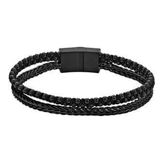 LYNX Stainless Steel 2-row Wheat Chain Black Ion-Plated Men's Bracelet