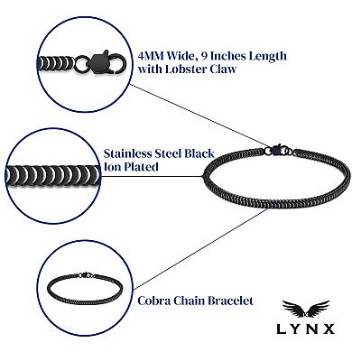 LYNX Stainless Steel 4mm Cobra Chain Black Ion-Plated 9" Men's Bracelet