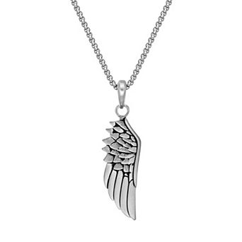 LYNX Stainless Steel Angel Wing Pendant 24" Box Chain Men's Necklace