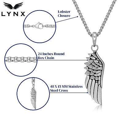 LYNX Stainless Steel Angel Wing Pendant 24" Box Chain Men's Necklace